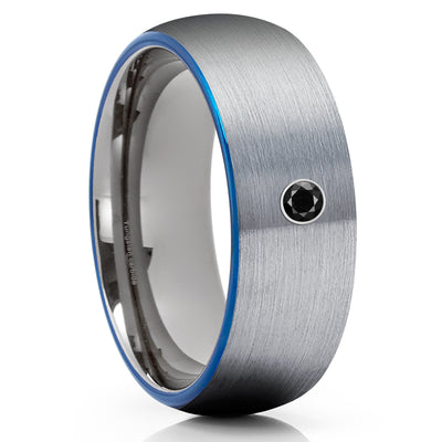 Gray Tungsten Wedding Band - Black Diamond Ring - Blue Tungsten Ring - Brush - Clean Casting Jewelry