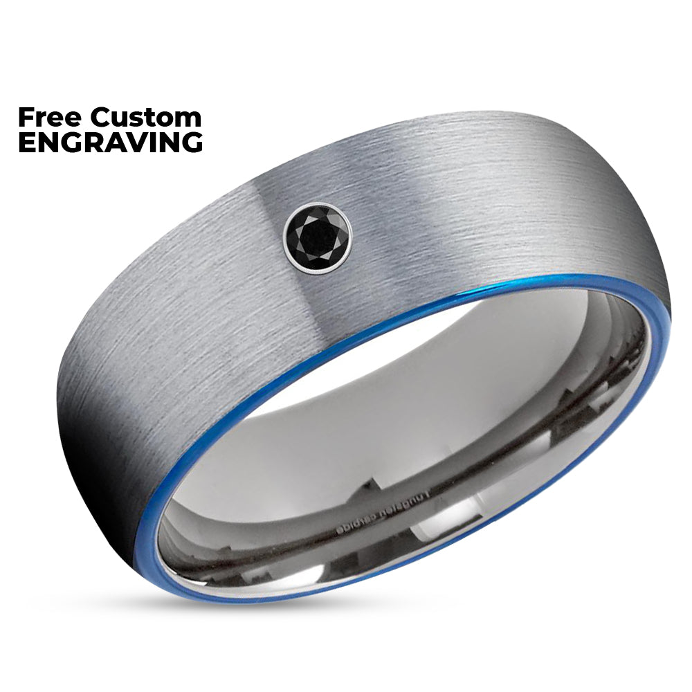 Gunmetal Tungsten Ring - Black Diamond Ring - Tungsten Carbide Ring - Blue Ring