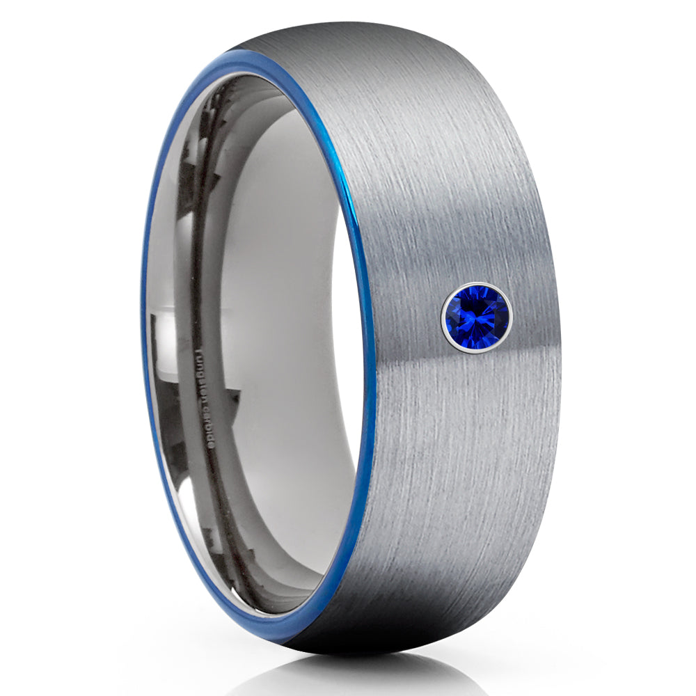 Blue Sapphire Tungsten Ring - Gunmetal Tungsten Ring - Gray Tungsten Band - Clean Casting Jewelry