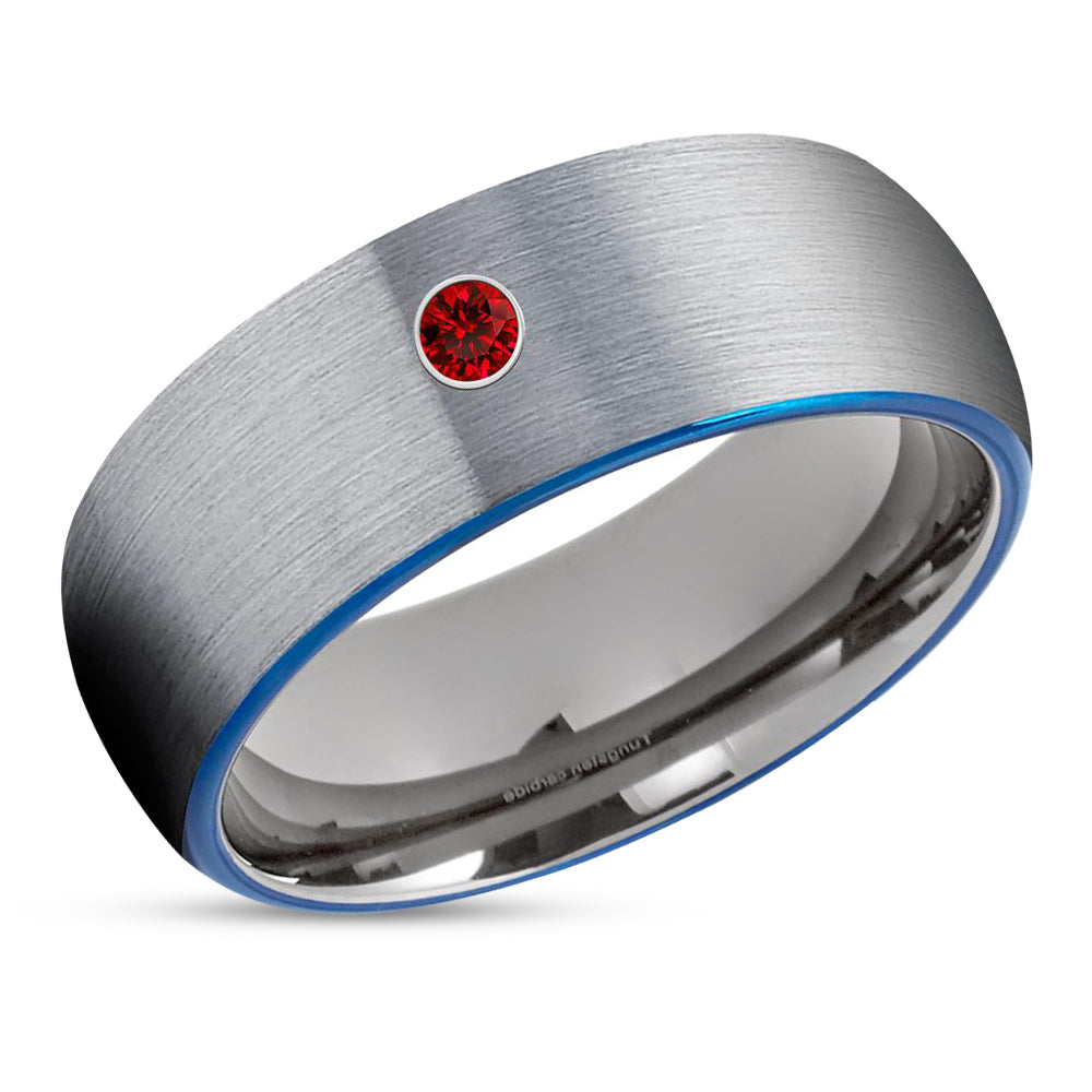 Ruby Tungsten Wedding Band - Gray Tungsten Ring - Blue Tungsten - Brush Ring