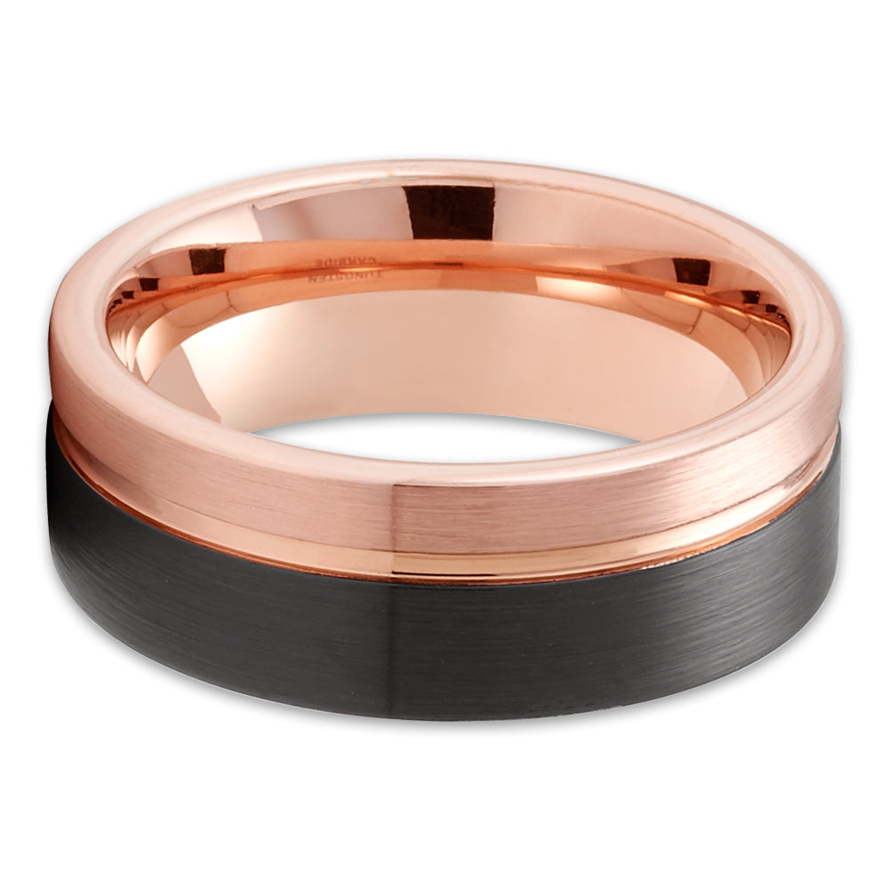 Men's Rose Gold Tungsten Wedding Ring - Black Tungsten Ring - 8mm Wedding Ring - Tungsten Carbide