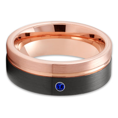 Black Wedding Ring - Rose Gold Tungsten Ring - Blue Sapphire Ring - Man's Wedding Ring