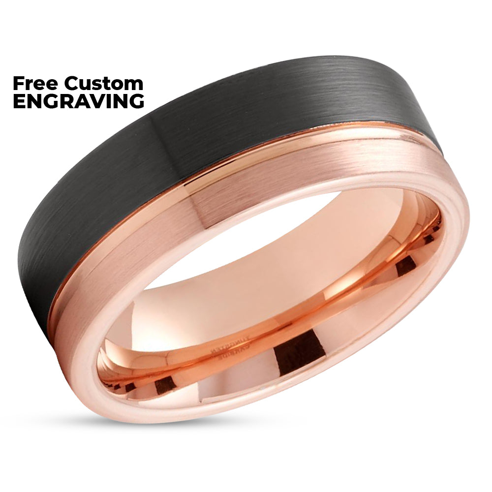Men's Rose Gold Tungsten Wedding Ring - Black Tungsten Ring - 8mm Wedding Ring - Tungsten Carbide