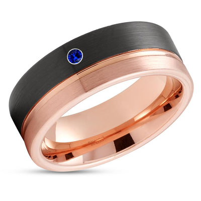 Black Wedding Ring - Rose Gold Tungsten Ring - Blue Sapphire Ring - Man's Wedding Ring