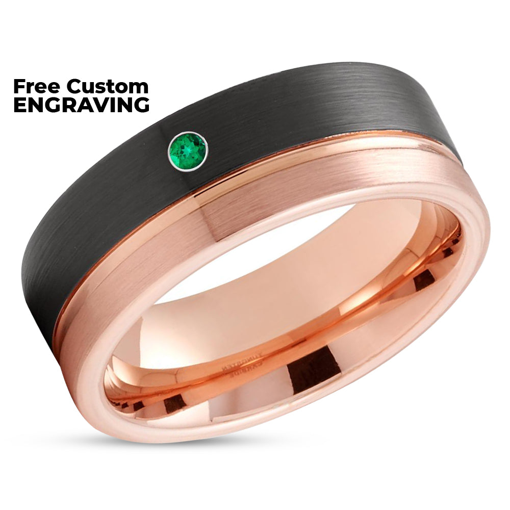 Black Wedding Ring - Tungsten Wedding Ring - Rose Gold Tungsten Ring - Emerald Ring