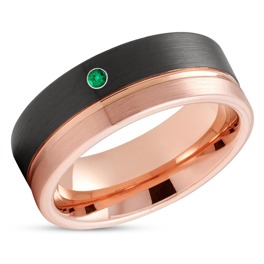 Black Wedding Ring - Tungsten Wedding Ring - Rose Gold Tungsten Ring - Emerald Ring