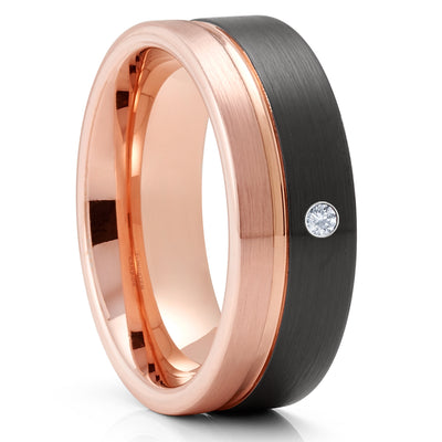 Rose Gold Wedding Ring - Black Tungsten Ring - Diamond Ring - Wedding Ring - Band