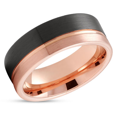 Men's Rose Gold Tungsten Wedding Ring - Black Tungsten Ring - 8mm Wedding Ring - Tungsten Carbide