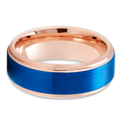 Blue Tungsten Wedding Ring - Rose Gold Wedding Ring - Tungsten Carbide Ring - Blue