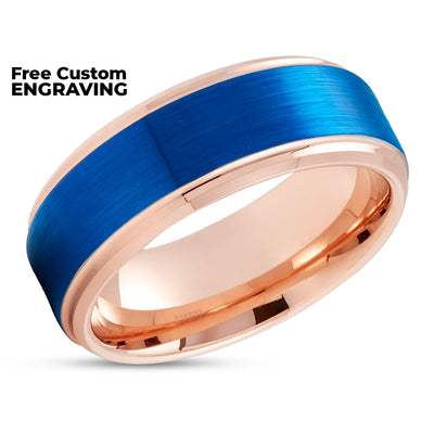 Blue Tungsten Wedding Ring - Rose Gold Wedding Ring - Tungsten Carbide Ring - Blue