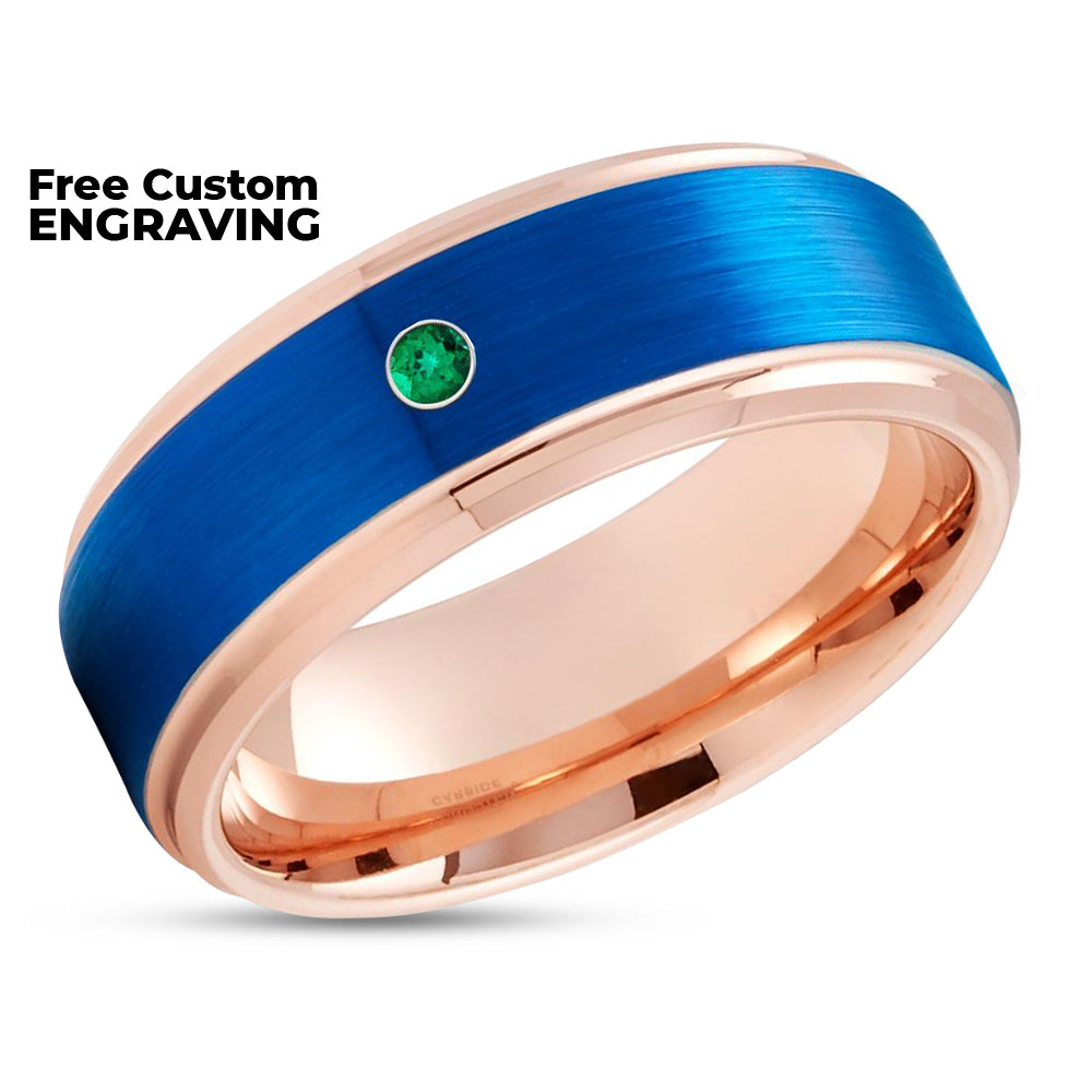 Rose Gold Wedding Ring - Emerald Wedding Ring - Blue Tungsten Ring - Tungsten Ring - Band