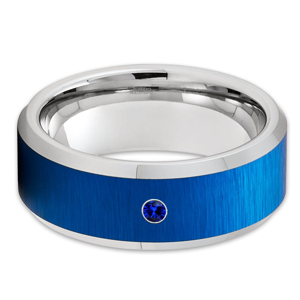 Blue Tungsten Wedding Ring - Silver Tungsten Ring - Silver Tungsten Ring - Blue Sapphire