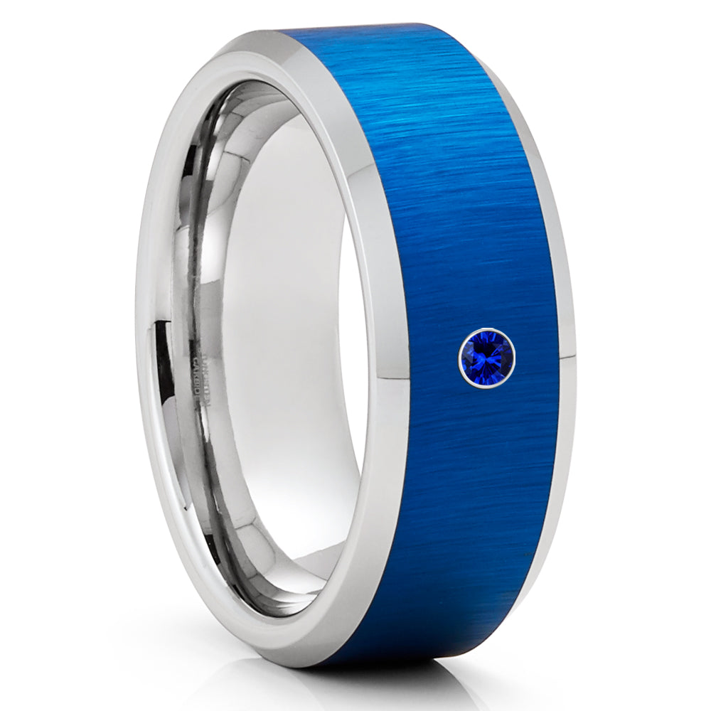 Blue Tungsten Wedding Ring - Silver Tungsten Ring - Silver Tungsten Ring - Blue Sapphire