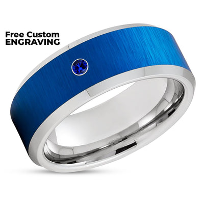 Blue Tungsten Wedding Ring - Silver Tungsten Ring - Silver Tungsten Ring - Blue Sapphire