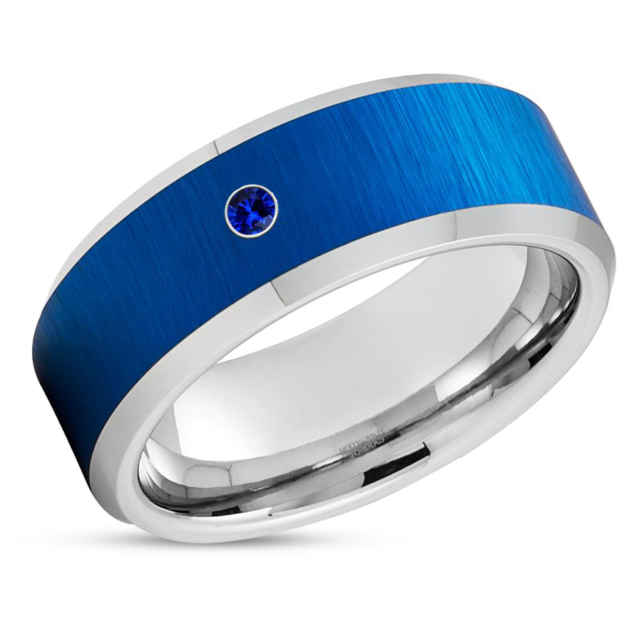 Blue Tungsten Wedding Ring - Silver Tungsten Ring - Silver Tungsten Ring - Blue Sapphire