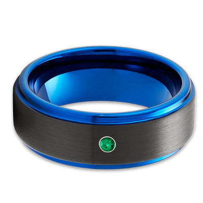Emerald Wedding Ring - Black Tungsten Wedding Ring - Blue Tungsten Ring - Anniversary Ring