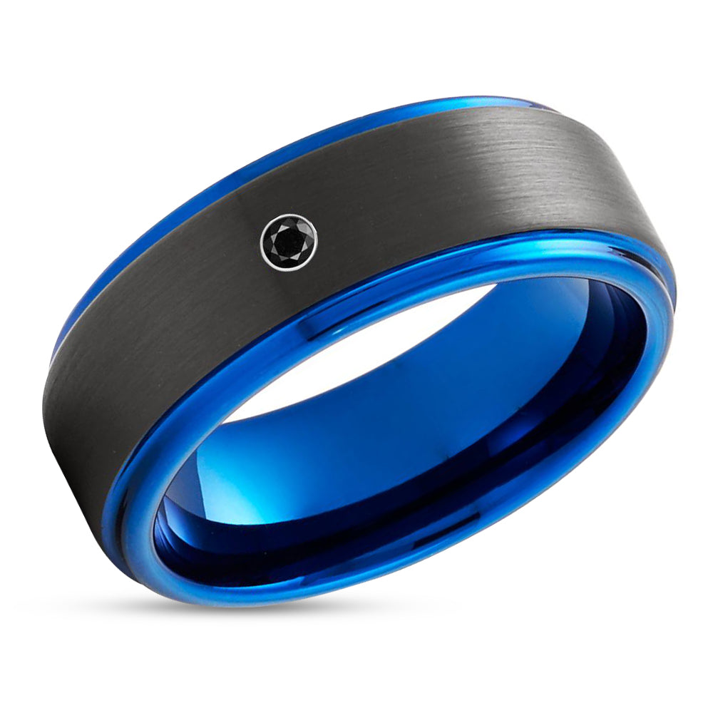 Blue Wedding Ring - Black Diamond Ring - Tungsten Wedding ring - Black Wedding Band