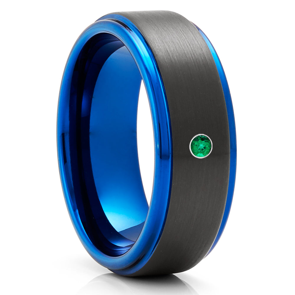 Emerald Wedding Ring - Black Tungsten Wedding Ring - Blue Tungsten Ring - Anniversary Ring