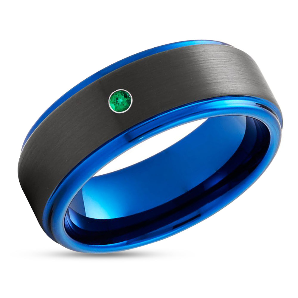Emerald Wedding Ring - Black Tungsten Wedding Ring - Blue Tungsten Ring - Anniversary Ring