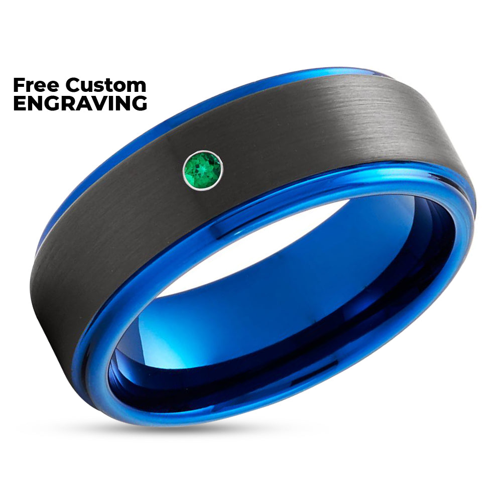 Emerald Wedding Ring - Black Tungsten Wedding Ring - Blue Tungsten Ring - Anniversary Ring