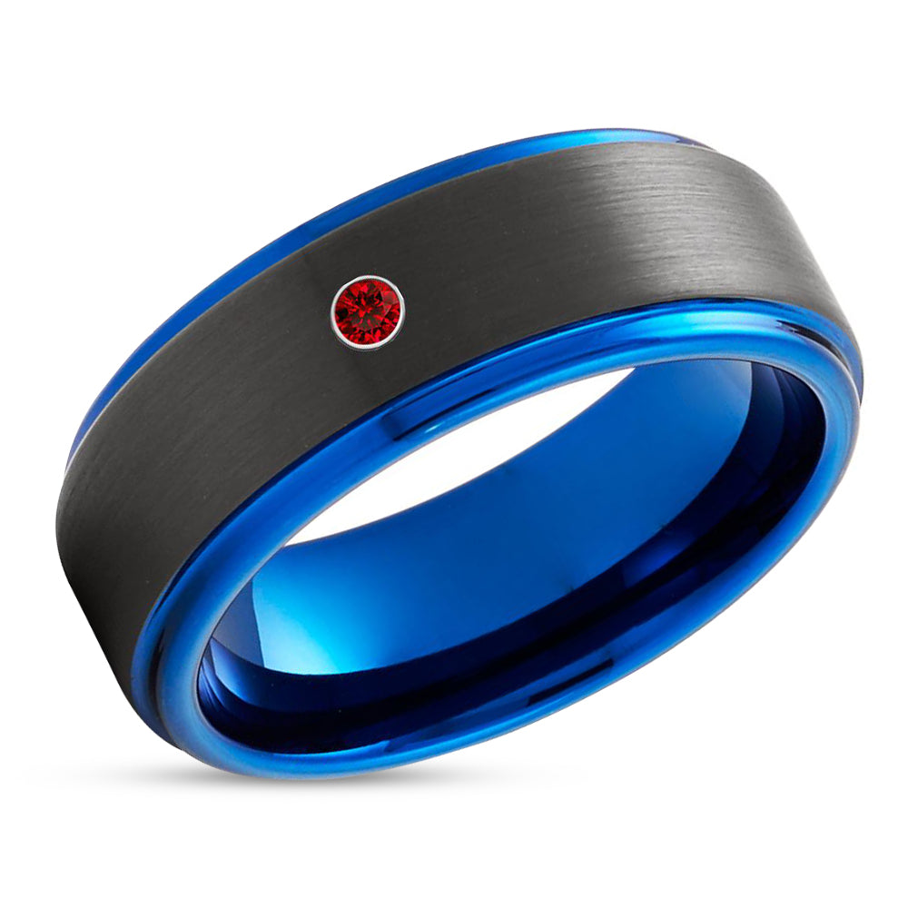 Blue Wedding Ring - Black Tungsten Wedding Ring - Ruby Wedding Band - Man's Ring