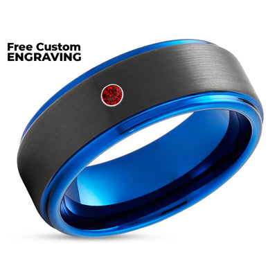 Blue Wedding Ring - Black Tungsten Wedding Ring - Ruby Wedding Band - Man's Ring
