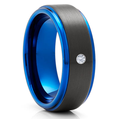 Black Tungsten Wedding Ring - Blue Wedding Ring - Diamond Ring - White Diamond Ring - Black Ring