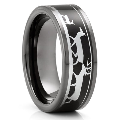 Outdoorsman Ring - Deer Hunter Tungsten Ring - Gunmetal Wedding Ring - Tungsten Ring