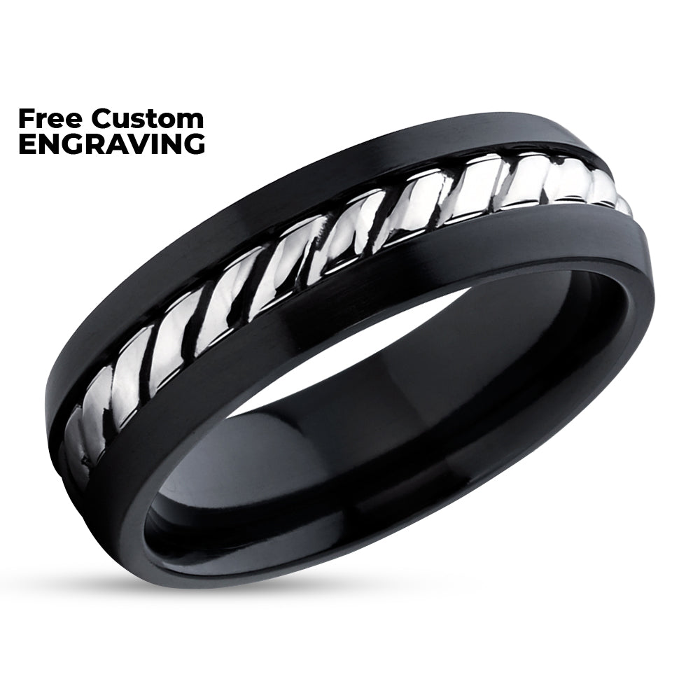 Black Zirconium Wedding Ring - 14k White Gold - Black Wedding Ring - Black Zirconium Ring