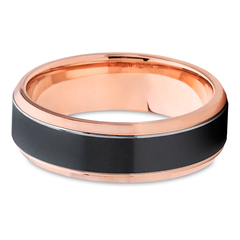 Rose Gold Wedding Ring - Zirconium Wedding Band - 14k Rose Gold - Black Wedding Ring