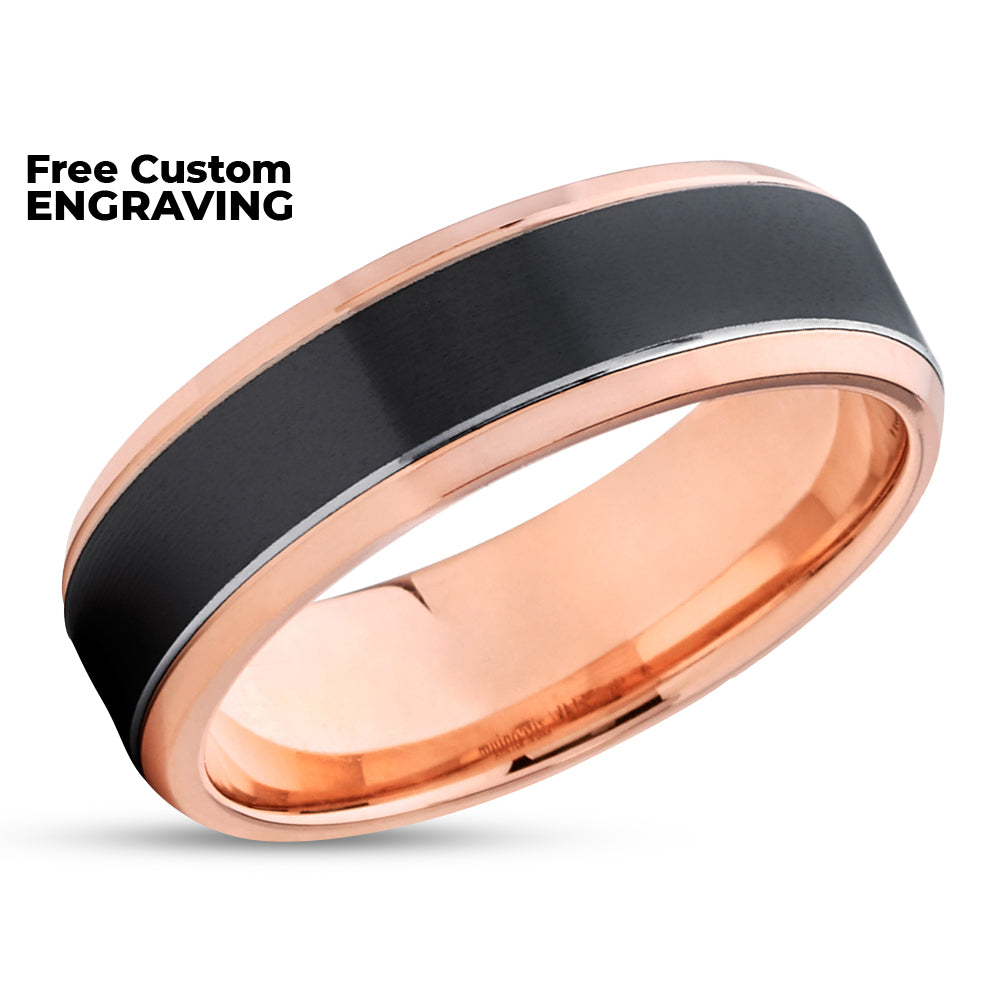 Rose Gold Wedding Ring - Zirconium Wedding Band - 14k Rose Gold - Black Wedding Ring