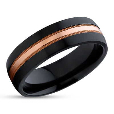 Black Wedding Ring - Rose Gold Wedding Band - Black Zirconium Ring - Anniversary Ring