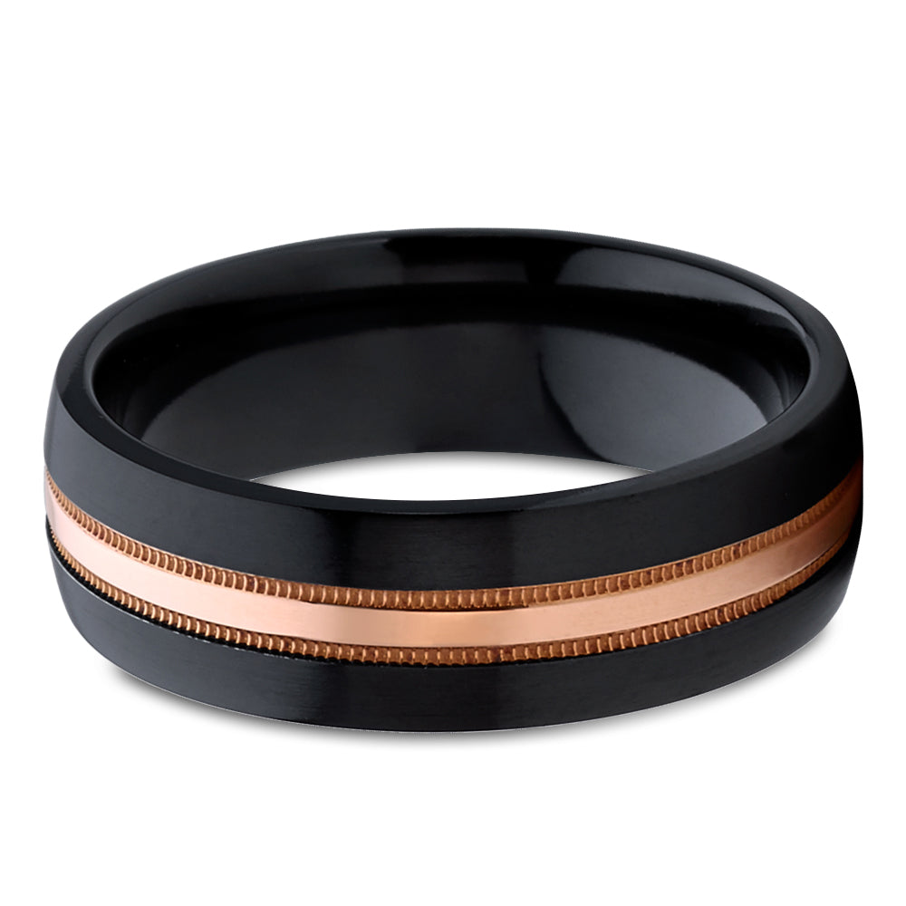 Black Wedding Ring - Rose Gold Wedding Band - Black Zirconium Ring - Anniversary Ring