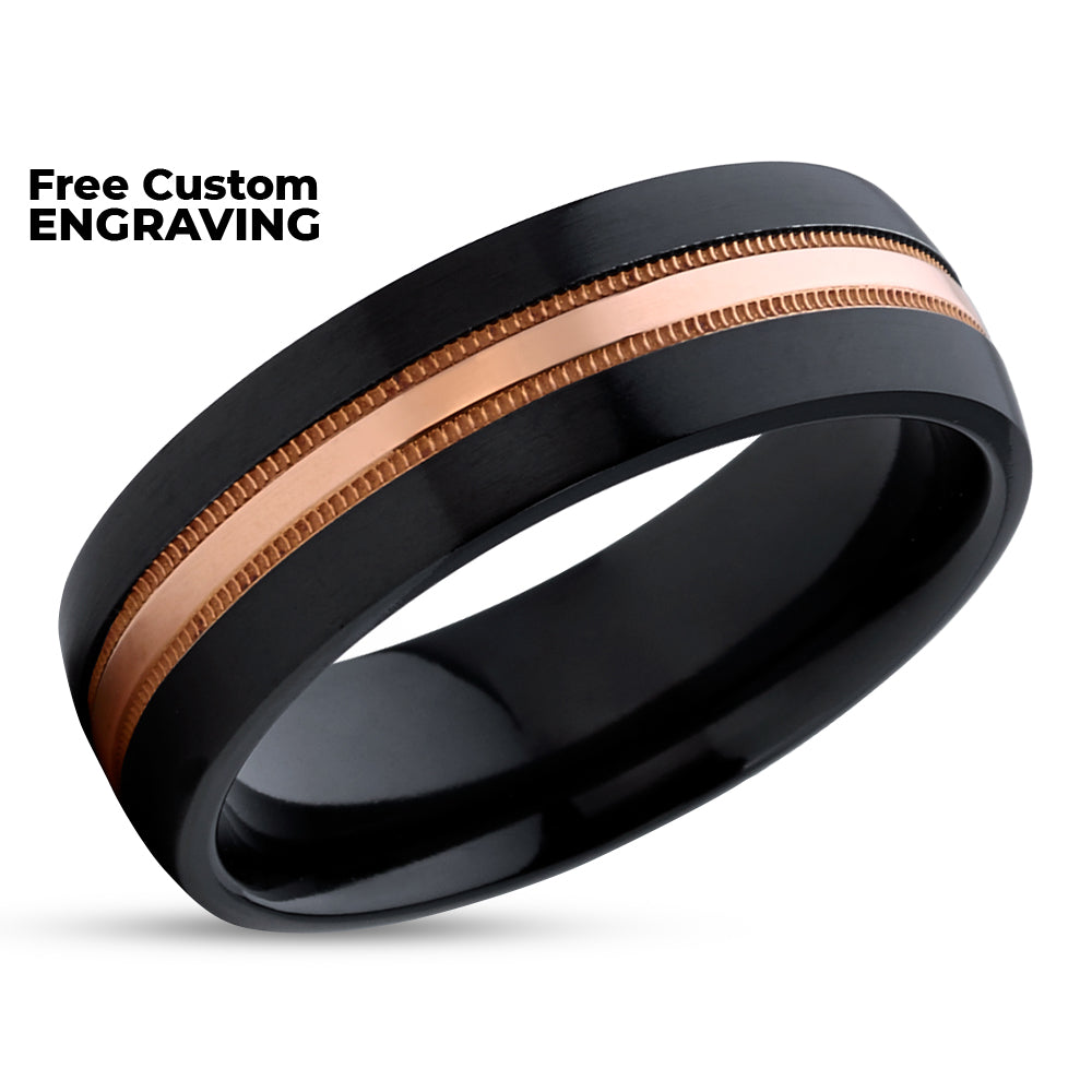 Black Wedding Ring - Rose Gold Wedding Band - Black Zirconium Ring - Anniversary Ring