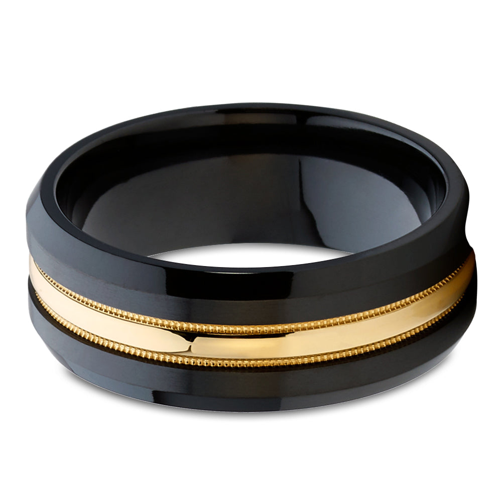 Black Zirconium  Ring - 14k Yellow Gold Ring - Black Wedding Ring - Zirconium Wedding Ring