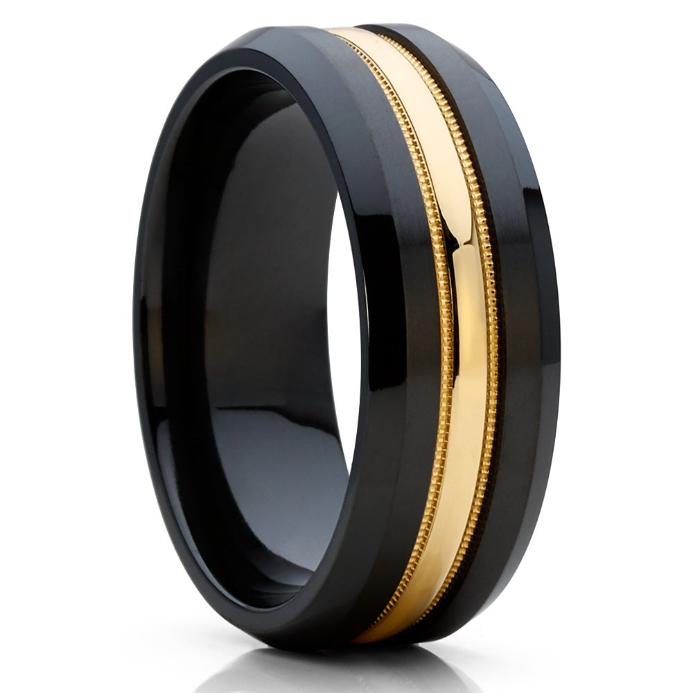 Black Zirconium  Ring - 14k Yellow Gold Ring - Black Wedding Ring - Zirconium Wedding Ring