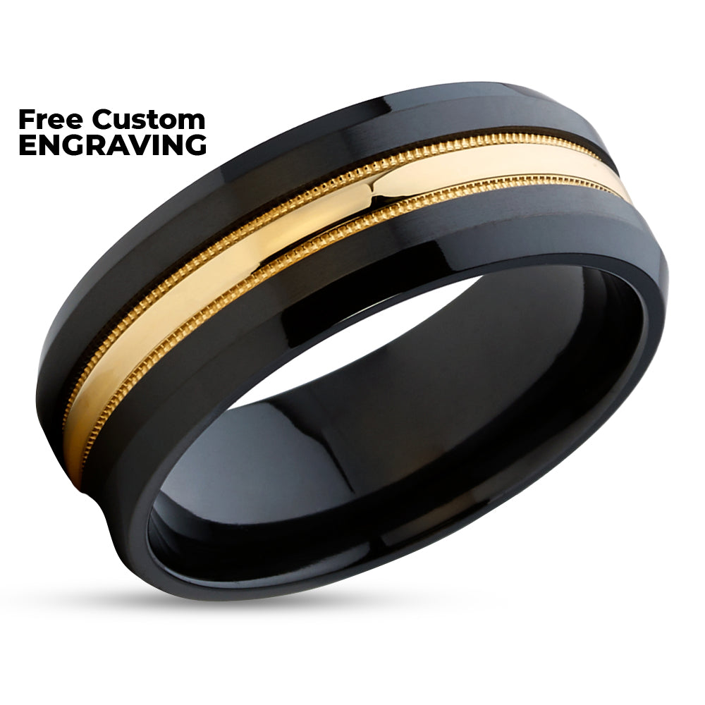 Black Zirconium  Ring - 14k Yellow Gold Ring - Black Wedding Ring - Zirconium Wedding Ring