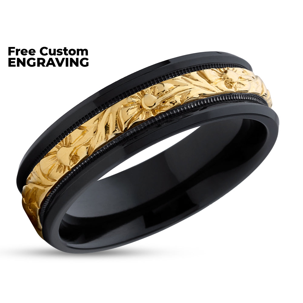 Zirconium Wedding Ring - Black Wedding Ring - 14k Yellow Gold - Zirconium Ring - Flower Ring