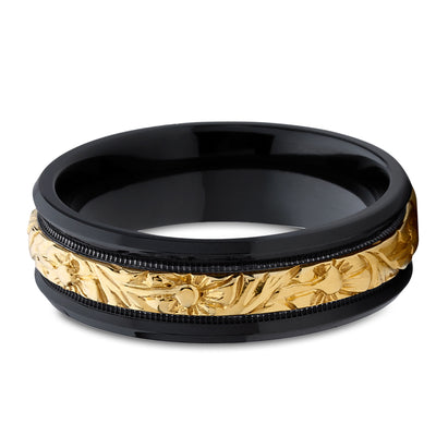 Zirconium Wedding Ring - Black Wedding Ring - 14k Yellow Gold - Zirconium Ring - Flower Ring