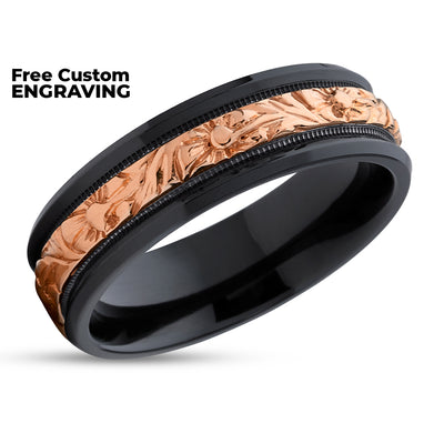 Zirconium Wedding Ring - Black Wedding Ring - 14k Rose Gold - Black Zirconium Ring