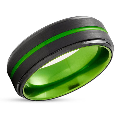Black Tungsten Wedding Ring - Green Tungsten Ring - Anniversary Ring - Green Ring