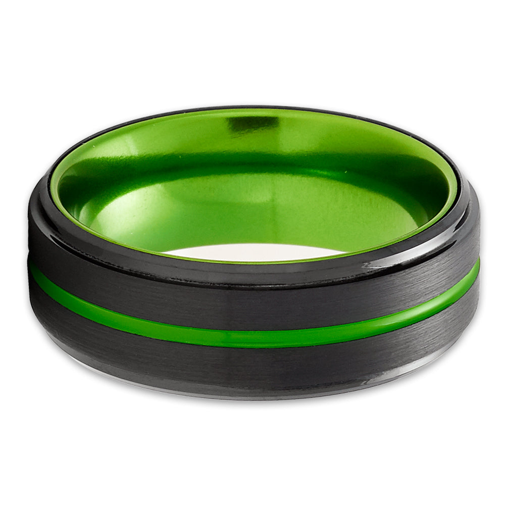 Black Tungsten Wedding Ring - Green Tungsten Ring - Anniversary Ring - Green Ring