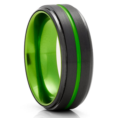 Black Tungsten Wedding Ring - Green Tungsten Ring - Anniversary Ring - Green Ring
