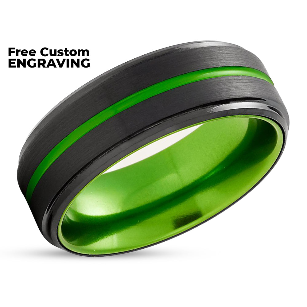 Black Tungsten Wedding Ring - Green Tungsten Ring - Anniversary Ring - Green Ring