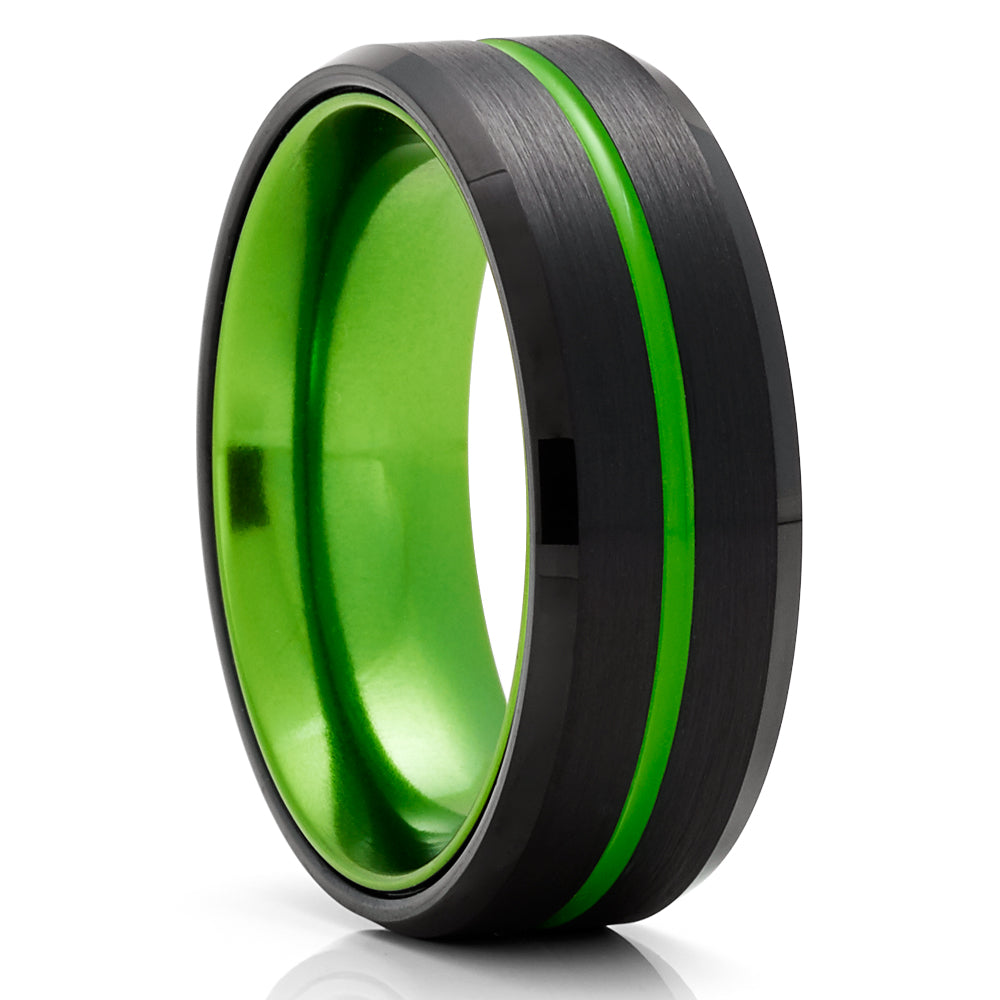 Black Tungsten Ring - Green Wedding Ring - Green Tungsten Ring - Anniversary Ring