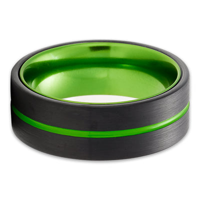 Green Wedding Ring - Green Tungsten Ring - Anniversary Ring - Black Tungsten Ring - Green