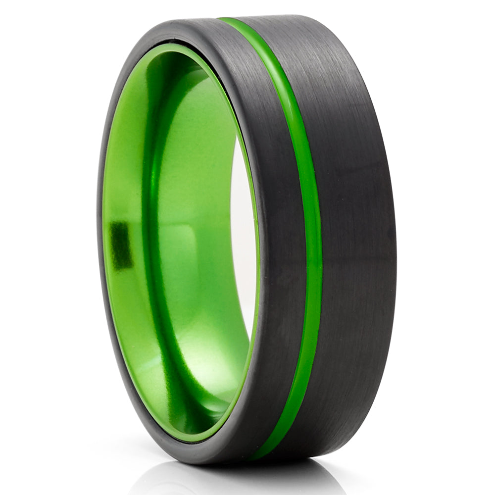 Green Tungsten Ring - Black Tungsten Ring - Green Wedding Band - Tungsten Ring