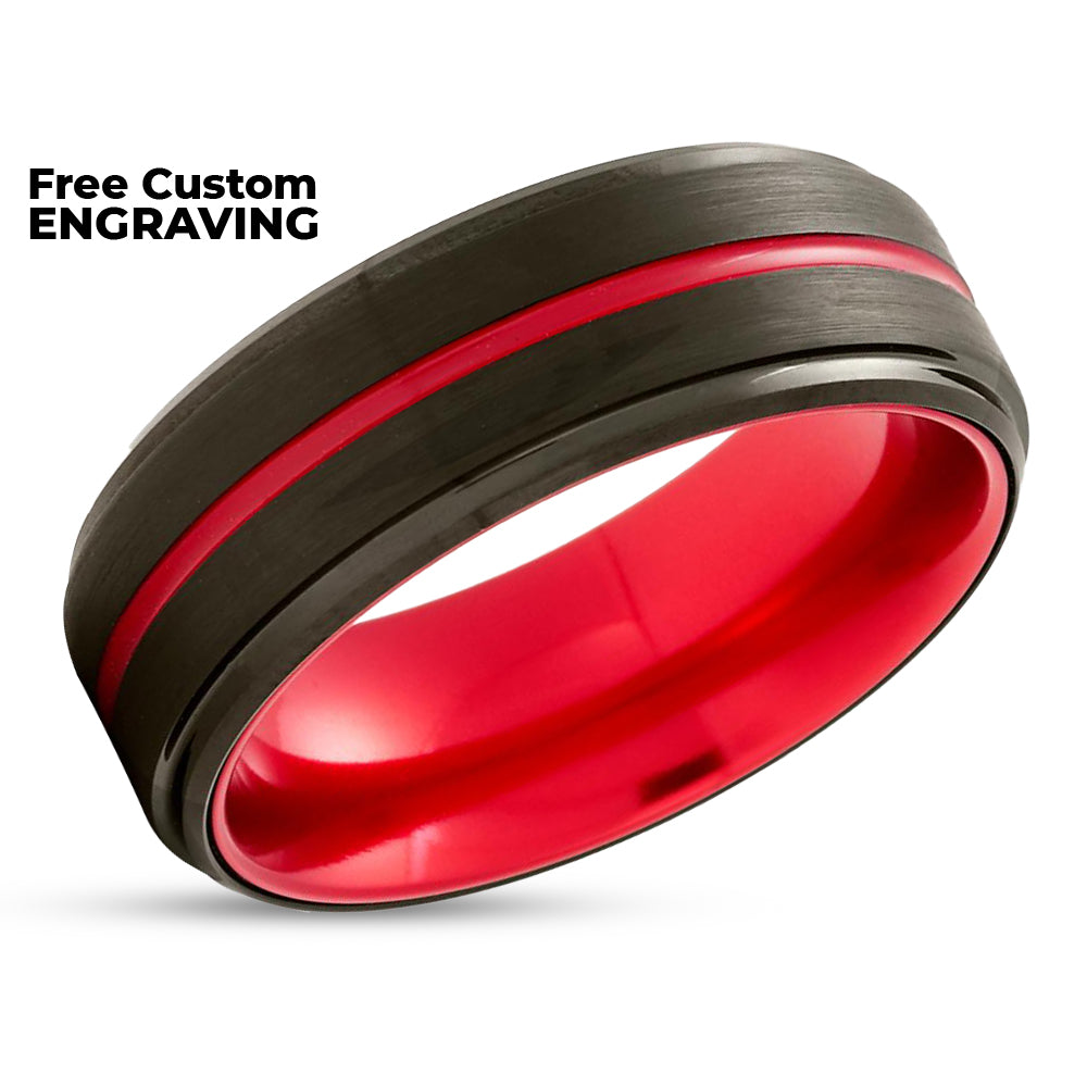 Red Tungsten Wedding Ring - Black Wedding Ring - Tungsten Wedding Ring - Red Ring