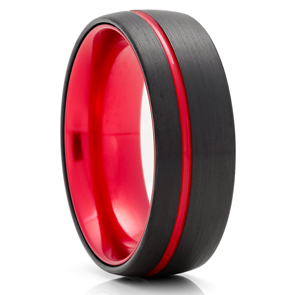 Black Tungsten Ring - Red Tungsten Wedding Ring - Red Wedding Band - Wedding Ring