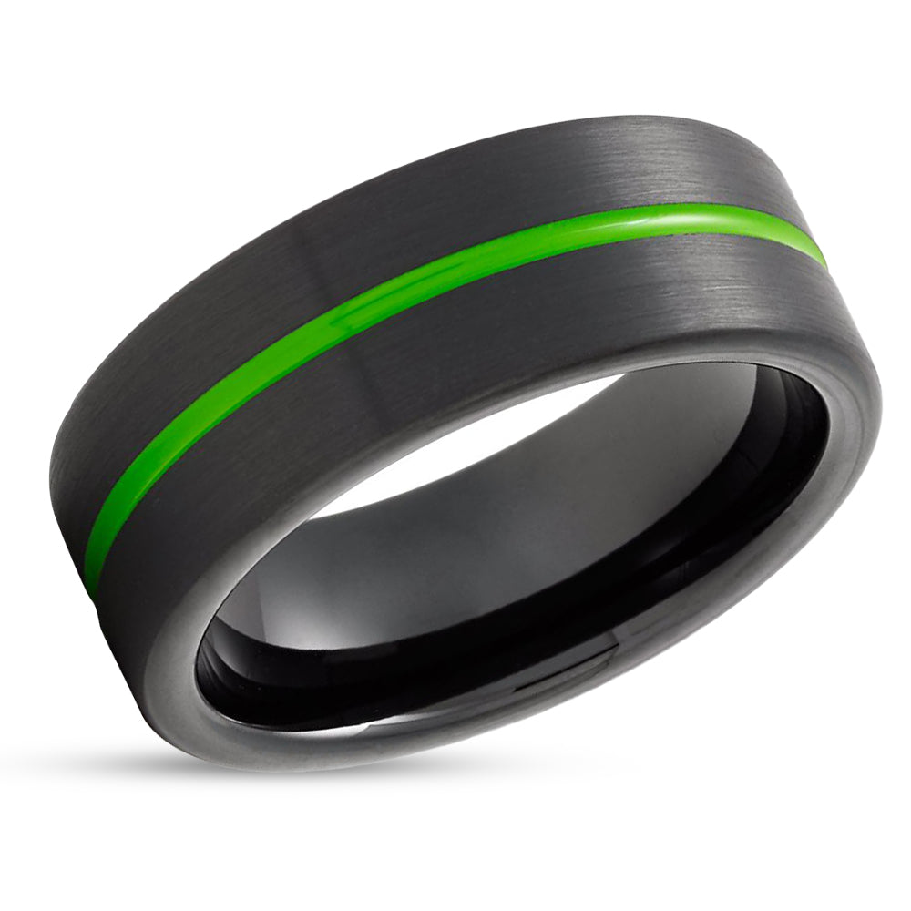 Black Tungsten Ring - Black Wedding Ring - Green Wedding Band - Tungsten Ring